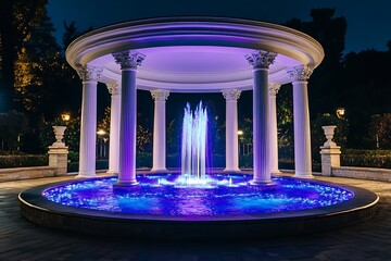 Nighttime Serene Illuminated Fountain in Classical Pavilion; Romantic, Elegant, Tranquil Atmosphere.