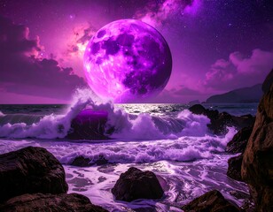 Purple moon over a stormy sea