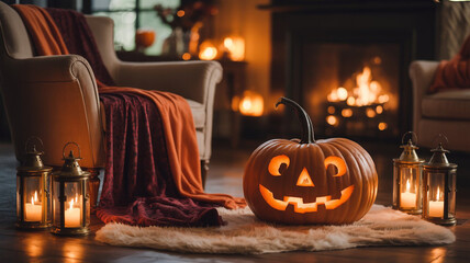 A halloween living room adorned with pumpkins, cobwebs and spooky decorations showcasing the festive spirit of halloween