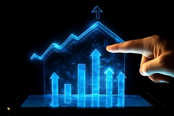 Hand Interacting with Glowing Blue Digital Growth Chart on Tablet; Futuristic Business Success Concept