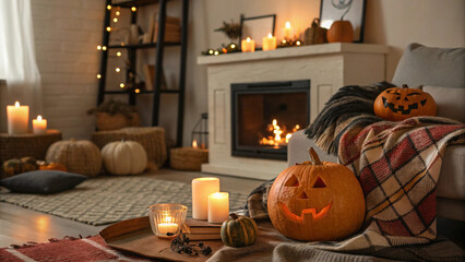 A halloween living room adorned with pumpkins, cobwebs and spooky decorations showcasing the festive spirit of halloween