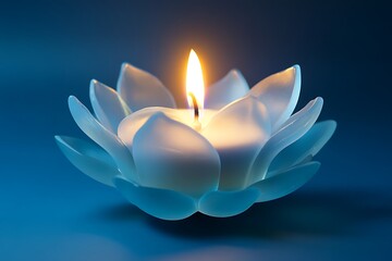 Serene Teal Lotus Candle: Illuminated Tranquility, Spiritual Wellness, Peaceful Atmosphere, Meditation, Spa.
