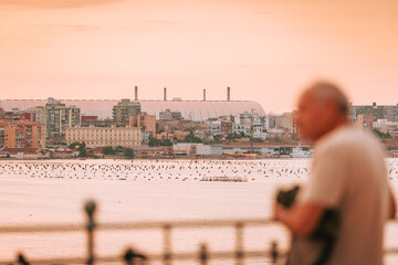 Artistic view of Taranto city skyline with industrial chimneys, with human figure