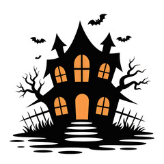Spooky haunted house with bats for halloween night on transparent background