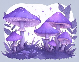 Purple mushrooms in a whimsical meadow