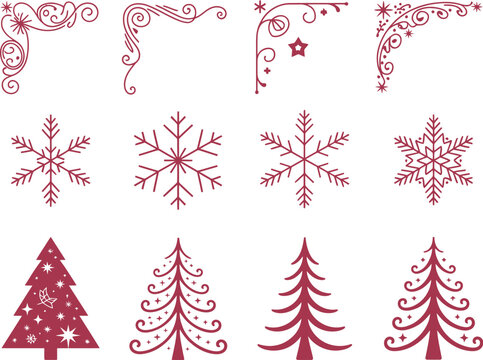 Burgundy Christmas Design Elements Corners, Snowflakes, Trees