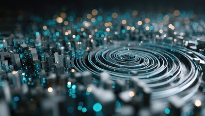 A swirling, teal spiral of metallic structures within a miniature, dark cityscape of glowing nodes