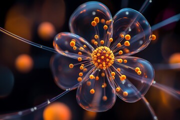 Abstract Glass Flower:  Intricate, Luminous, Orange and Blue, Dark Background, Digital Art.