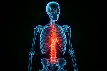 Digital human skeleton with highlighted spine on black background