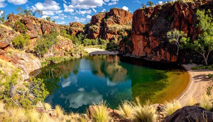 A serene pool nestled within a dramatic canyon, reflecting the vibrant sky and surrounding red rock formations.