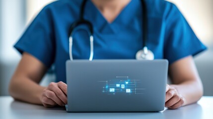 Healthcare professional using laptop in hospital medical technology clinical environment focused perspective