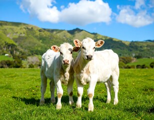 Fototapeta premium Two white calves in a green field under a blue sky