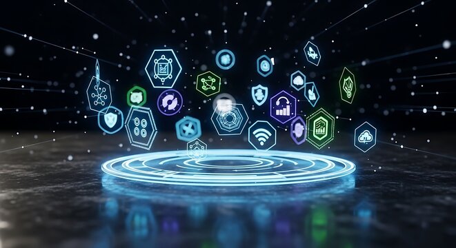 Multicolored digital icons float over a glowing, circular platform, creating a futuristic display of interconnected data.