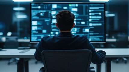Cybersecurity analyst monitoring threats in a high-tech office environment at night