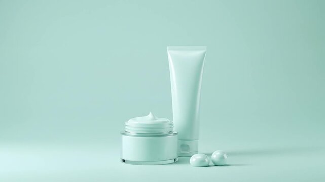 Cosmetic products display against light teal background