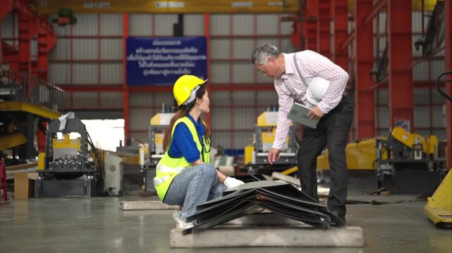 Senior engineers and young female workers are talking and inspecting steel plates for multipurpose forming before they are sent to the production line in a factory
