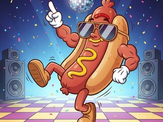 Cartoon hotdog sandwich with arms and sunglasses, dancing in a funny pose., funny cartoon character