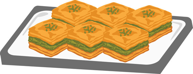 Delicious Baklava Middle Eastern Dessert With Pistachio Filling on a Serving Tray