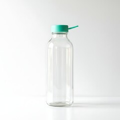Empty Glass Bottle with Green Lid on White Background