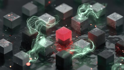 A vibrant red cube rests centrally amongst numerous gray concrete cubes, partially submerged in a dark liquid.  Ethereal green and red smoke-like trails swirl around it, creating an otherworldly scene