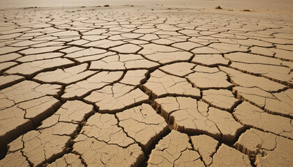 Vast arid desert landscape with deeply cracked dry earth texture stretching to the horizon under a clear sky.
