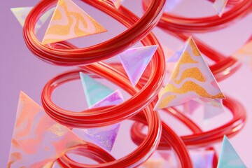 A vibrant red spiral forms a central column, around which pastel-toned triangular shapes with varied textures float