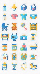 Obraz premium Colorful collection of flat design baby items, showcasing various baby needs and accessories.