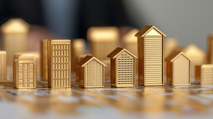 Golden real estate models business setting 3d render modern office environment close-up view investment concept