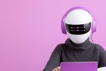 Futuristic robot musician digital studio image vibrant pink background close-up view innovative concept
