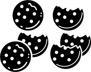 
Cookie Icon Set
A set of black and white icons showing cookies with chocolate chips. The collection includes whole cookies and others with bites taken out, in various arrangements.