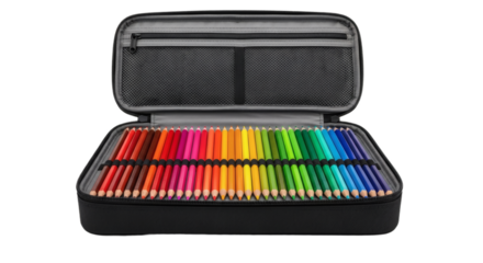 Open Black Pencil Case with Full Set of Colorful Art Pencils. clipping path, Business concept, PNG, graphic resources.