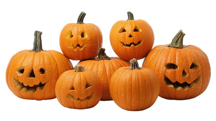 Group of carved jack-o'-lanterns isolated on transparent background