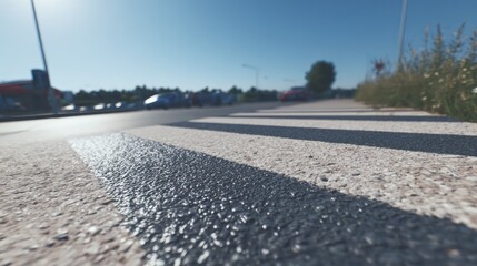 Fototapeta premium Close Up View of Road Markings on Asphalt Road in Bright Sunlight