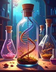 A vibrant depiction of DNA-shaped structures within glass bottles, nestled within a whimsical, stylized laboratory setting, bathed in warm, inviting light.