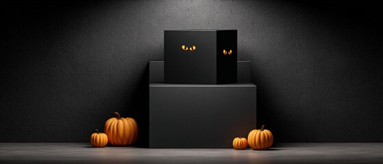 Computer Servers with Glowing Eyes Assisting Ghostly Digital Data Processing in a Dark Minimalist Tech Environment with Pumpkins for Halloween