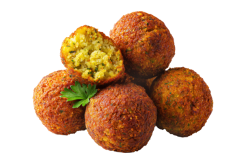 Crispy falafel balls stacked in a pile chickpea fava bean fritte, isolated on white transparent background, concept of traditional Arabic food