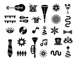 Carnival, purim Simple Icon Elements Set. Black and White Musical instruments, monochrome holiday toys, traditional props, geometric forms, masks, sparkles on white background. Modern style design.