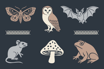 A mystical and gothic collection of nocturnal animals and forest symbols, including a moth, owl, bat, and mushroom, in a vintage linocut style for Halloween or witchcraft themes
