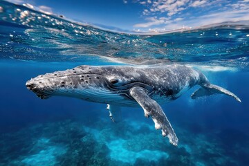Naklejka premium Humpback Whale Underwater with Blue Sky Above
