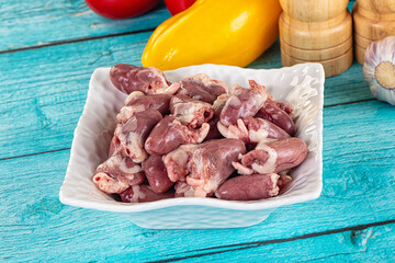 Raw chicken hearts for cooking