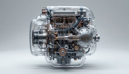 A detailed, transparent view of a complex, internal combustion engine, showcasing its intricate mechanical components.