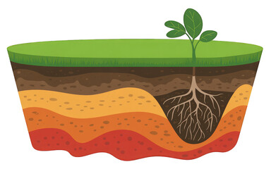 Young plant growing in soil layers illustration on transparent background