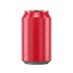 Refreshing red soda can with water droplets on transparent background