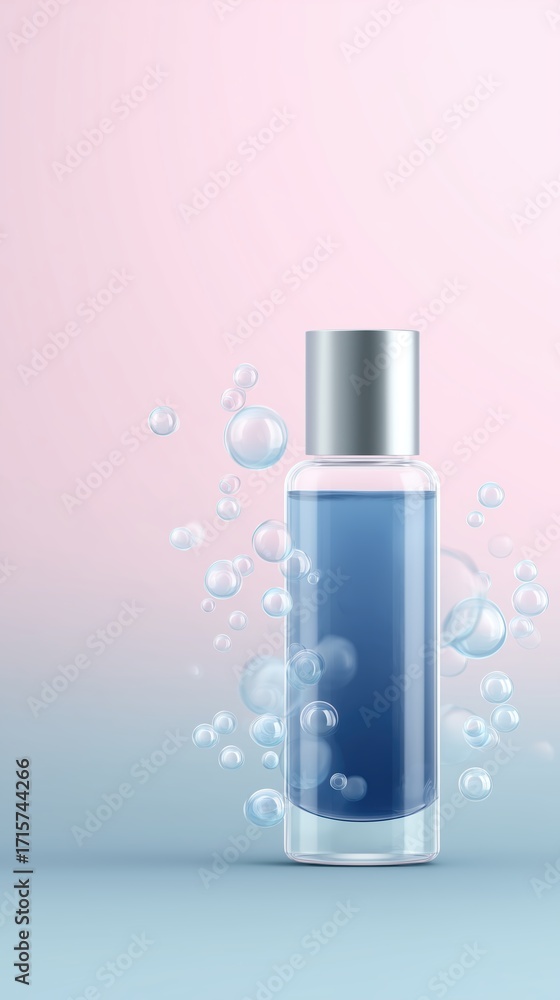 Poster transparent bottle filled with blue liquid, surrounded by bubbles, set against a soft gradient backg