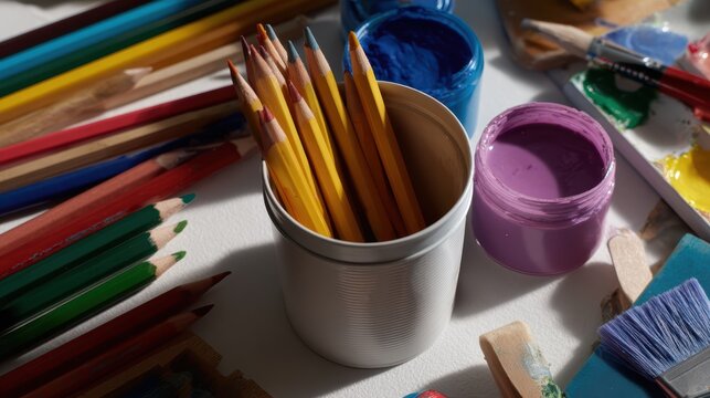 vibrant top view of art supplies like colored pencils, paints, and sketchbooks scattered on a creative workspace - Powered by Adobe