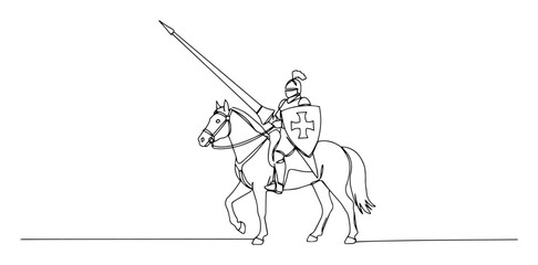 knight on horse with lance line art vector