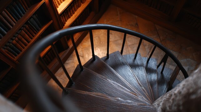 moody top view of an old library with spiral staircases and dusty shelves