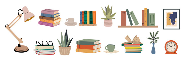 Books and reading set with textbooks, houseplant, lamp, clock, vase, tea, and glasses. Flat colorful vector illustration, perfect for education, study, and cozy workspace designs