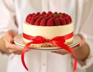 Woman holding a raspberry cheesecake