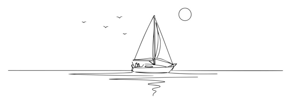 sailing boat on calm water monoline vector art